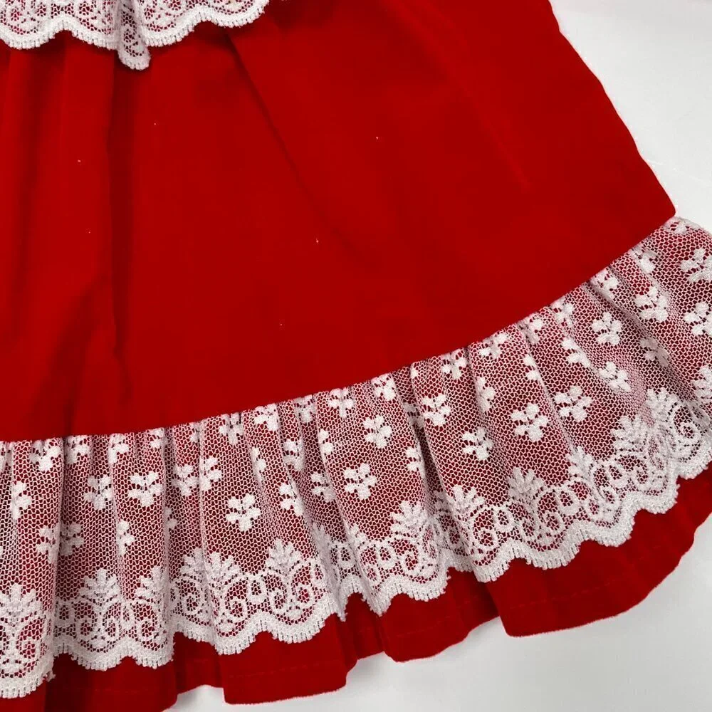 Vintage Toddler 18M Red Velvet and Lace Trim Christmas Dress w/ Bubble Sleeves